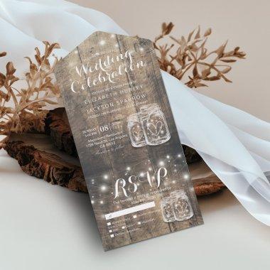 Mason Jars String Lights Rustic Wood Wedding RSVP All In One Invitations