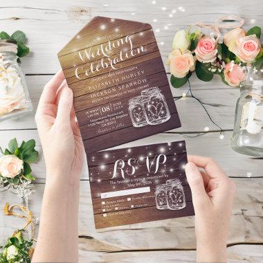 Mason Jars String Lights Rustic Wood Wedding RSVP All In One Invitations