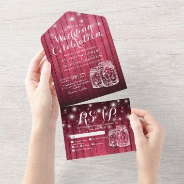 Mason Jars String Lights Rustic Wood Wedding RSVP All In One