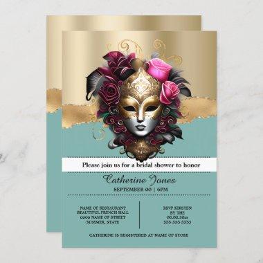 Masquerade carnival face mask blue gold pink rose Invitations