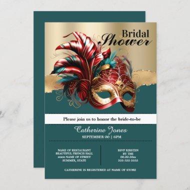 Masquerade Venetian mask feathers bridal shower Invitations