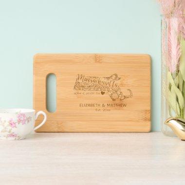 Massachusetts state map outline wedding couples engraved cutting board