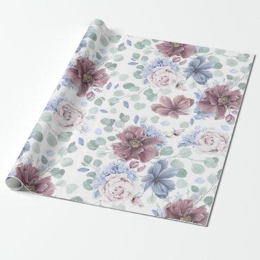 Mauve and Dusty Blue Botanical Floral Elegant Wrapping Paper