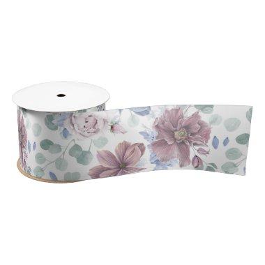 Mauve and Dusty Blue Flowers Botanical Satin Ribbon