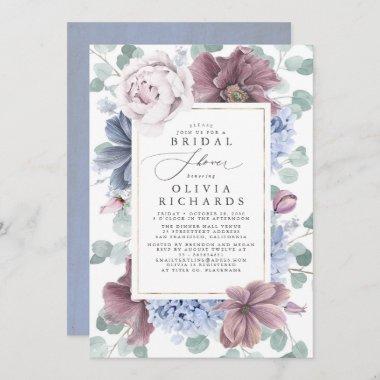Mauve and Dusty Blue Flowers Elegant Bridal Shower Invitations