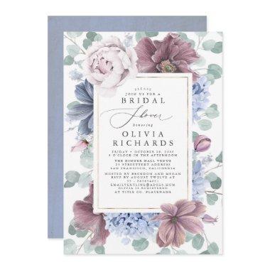 Mauve and Dusty Blue Flowers Elegant Bridal Shower Invitations