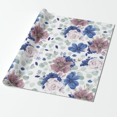 Mauve and Navy Blue Botanical Floral Elegant Wrapping Paper
