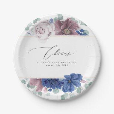 Mauve and Navy Blue Floral Elegant Botanical Paper Plates