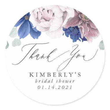 Mauve and Navy Blue Floral Thank You Classic Round Sticker