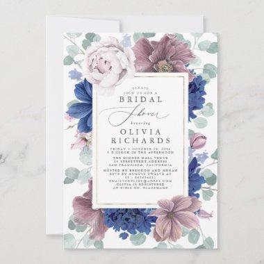 Mauve and Navy Blue Flowers Elegant Bridal Shower Invitations