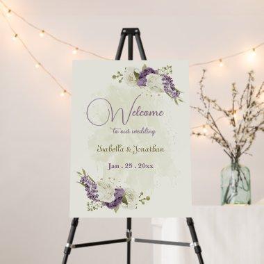 mauve and white flowers wedding welcome sign