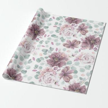 Mauve Floral and Eucalyptus Leaves Elegant Wrapping Paper