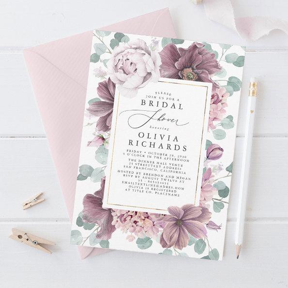 Mauve Flowers and Greenery Elegant Bridal Shower Invitations