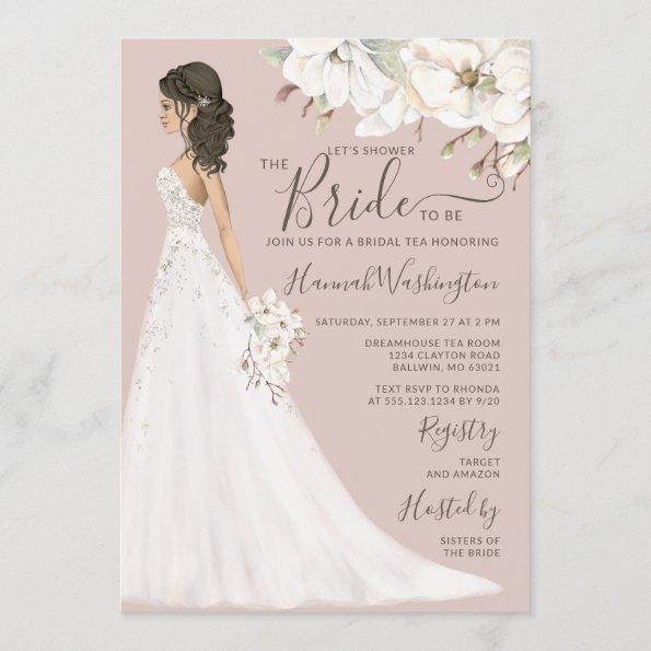 Mauve Magnolia Bride in Glitter Gown Bridal Tea Invitations