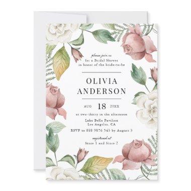 Mauve Pink and White Roses Floral Bridal Shower Invitations