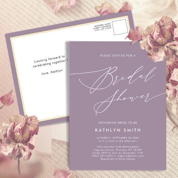 Mauve Purple Elegant Script Modern Bridal Shower Invitation PostInvitations