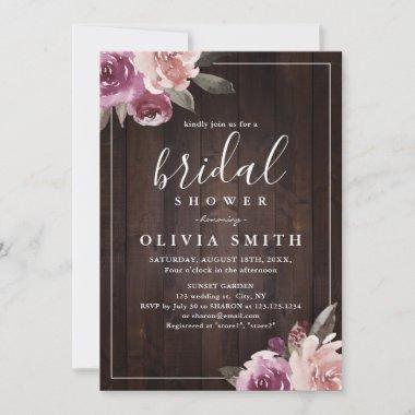 Mauve purple floral rustic wood bridal shower Invitations