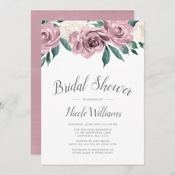 Mauve Watercolor Roses Floral Bridal Shower Invitations