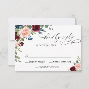 MEAL CHOICE Burgundy Navy Eucalyptus Rose Wedding RSVP Card