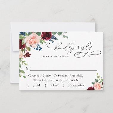 MEAL CHOICE Burgundy Navy Eucalyptus Rose Wedding RSVP Card
