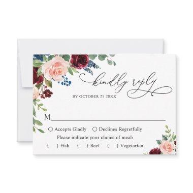 MEAL CHOICE Burgundy Navy Eucalyptus Rose Wedding RSVP Card