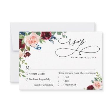 MEAL CHOICE Burgundy Navy Eucalyptus Rose Wedding RSVP Card