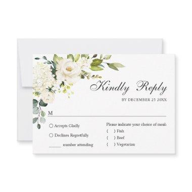 MEAL CHOICE Eucalyptus White Roses Floral Wedding RSVP Card