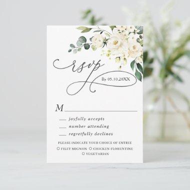 MEAL CHOICE Eucalyptus White Roses Floral Wedding RSVP Card