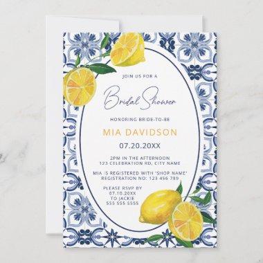 Mediterranean Blue Tile Citrus Lemon Bridal Shower Invitations