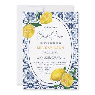 Mediterranean Blue Tile Citrus Lemon Bridal Shower Invitations