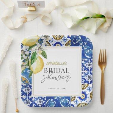 Mediterranean Blue Tile Citrus Lemon  Paper Plates