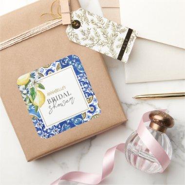Mediterranean Blue Tile Citrus Lemon  Square Sticker