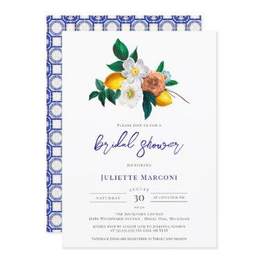 Mediterranean Blue Tile Floral Lemon Bridal Shower Invitations