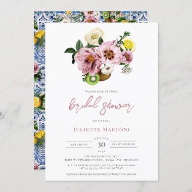 Mediterranean Blue Tile Floral Lemon Bridal Shower Invitations