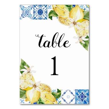 Mediterranean Blue Tile Lemons Table Number Cards
