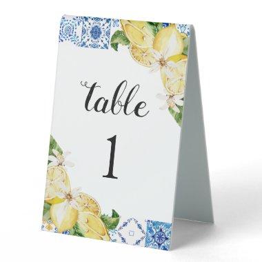 Mediterranean Blue Tile Lemons Table Number Cards Table Tent Sign