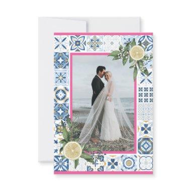 Mediterranean Blue Tiles Pink Lemon Photo Invitations