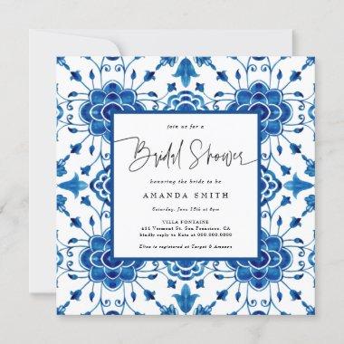 Mediterranean Italy Blue Tiles Greek Bridal Shower Invitations