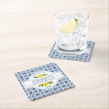 Mediterranean Lemon Blue Tile Bridal Shower Square Paper Coaster