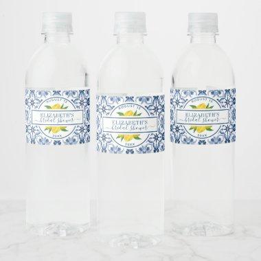 Mediterranean Lemon Blue Tile Bridal Shower Water Bottle Label