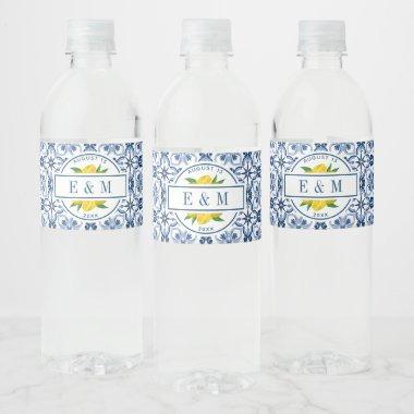 Mediterranean Lemon Blue Tile Bridal Shower Water Bottle Label