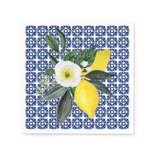 Mediterranean Lemons Blue Tile Paper Napkin