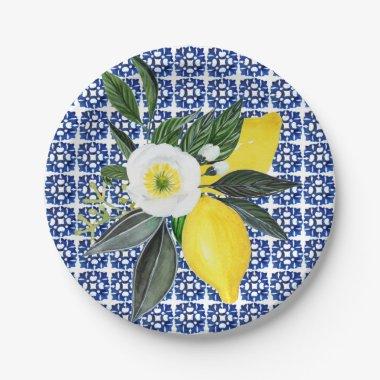 Mediterranean Lemons Blue Tile Paper Plates