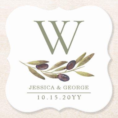 Mediterranean Olive Branch Custom Monogram Sage Paper Coaster