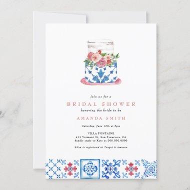 Mediterranean Tile Pink Floral Cake Bridal Shower Invitations