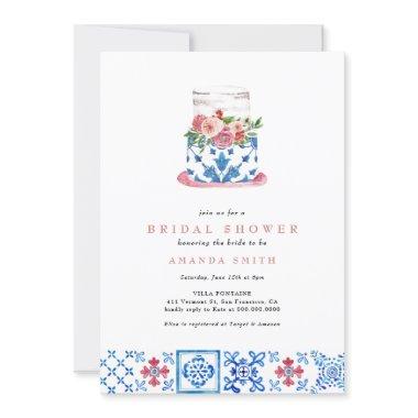 Mediterranean Tile Pink Floral Cake Bridal Shower Invitations