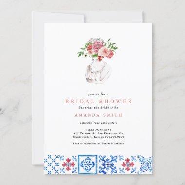 Mediterranean Tile Pink Floral Girly Bridal Shower Invitations