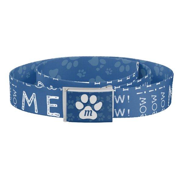 Meow Paw Print Monogrammed Blue and White Belt