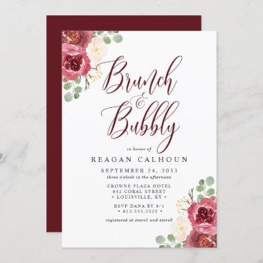 Merlot Watercolor Floral Brunch And Bubbly Invitations