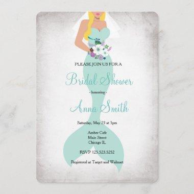 Mermaid bridal shower Invitations floral mint green